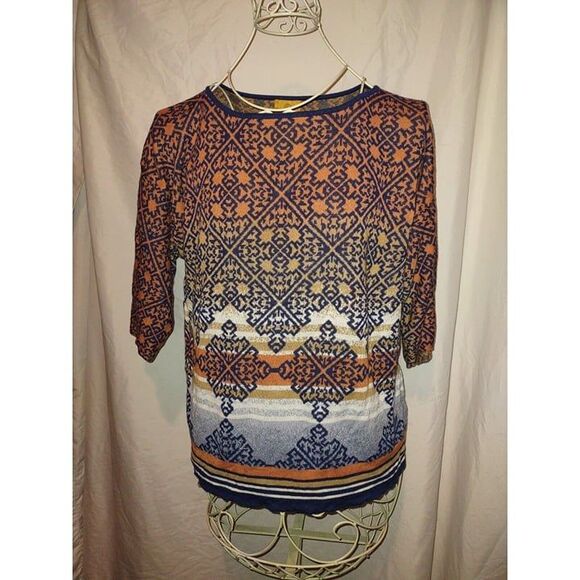 5/$25 Sz L Pullover Blue Orange Tan Aztec Southwest Sweater 1/2 Sleeve Rayon - Picture 2 of 6